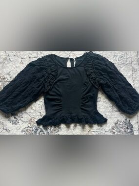 Free People Black Ruffle Peplum Puff-Sleeve Top